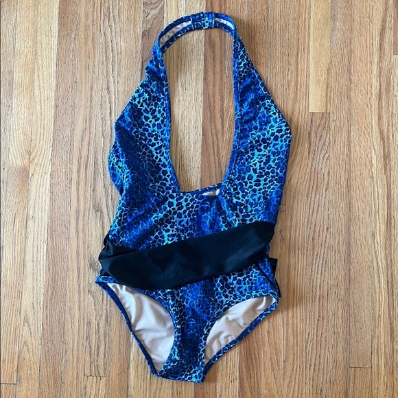 Frederick's of Hollywood Blue and Black One Piece Swimsuit Halter Neck - Picture 1 of 3